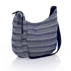 Thirty-One Retro Metro Hobo Crossbody Bag Navy Blue White Striped Canvas Purse